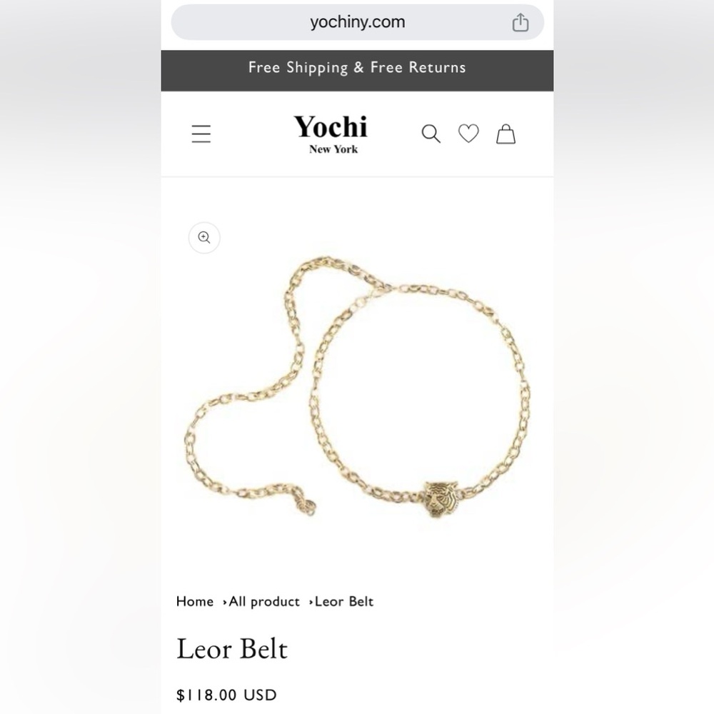 Yochi $118 Tiger Head Chain Belt NWT